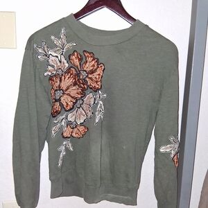 Anthropologie Appliqué Sweatshirt Green Floral XST